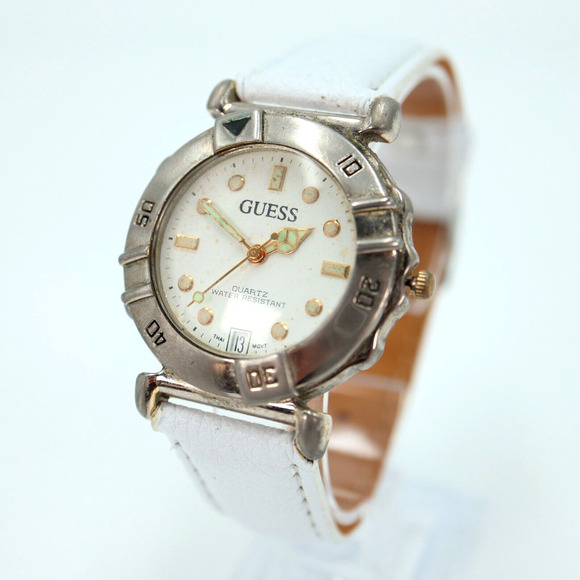 Vintage Womens Guess Watch 36mm White Date Dial Faux Leather with New Battery - Picture 1 of 14